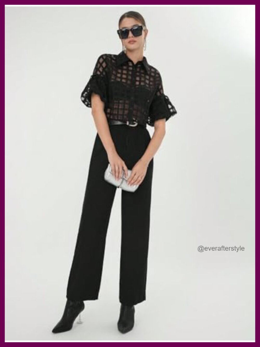 Sheer Mesh Plaid Button Down Crop Top Puff Sleeve Blouse - Picture 4 of 4
